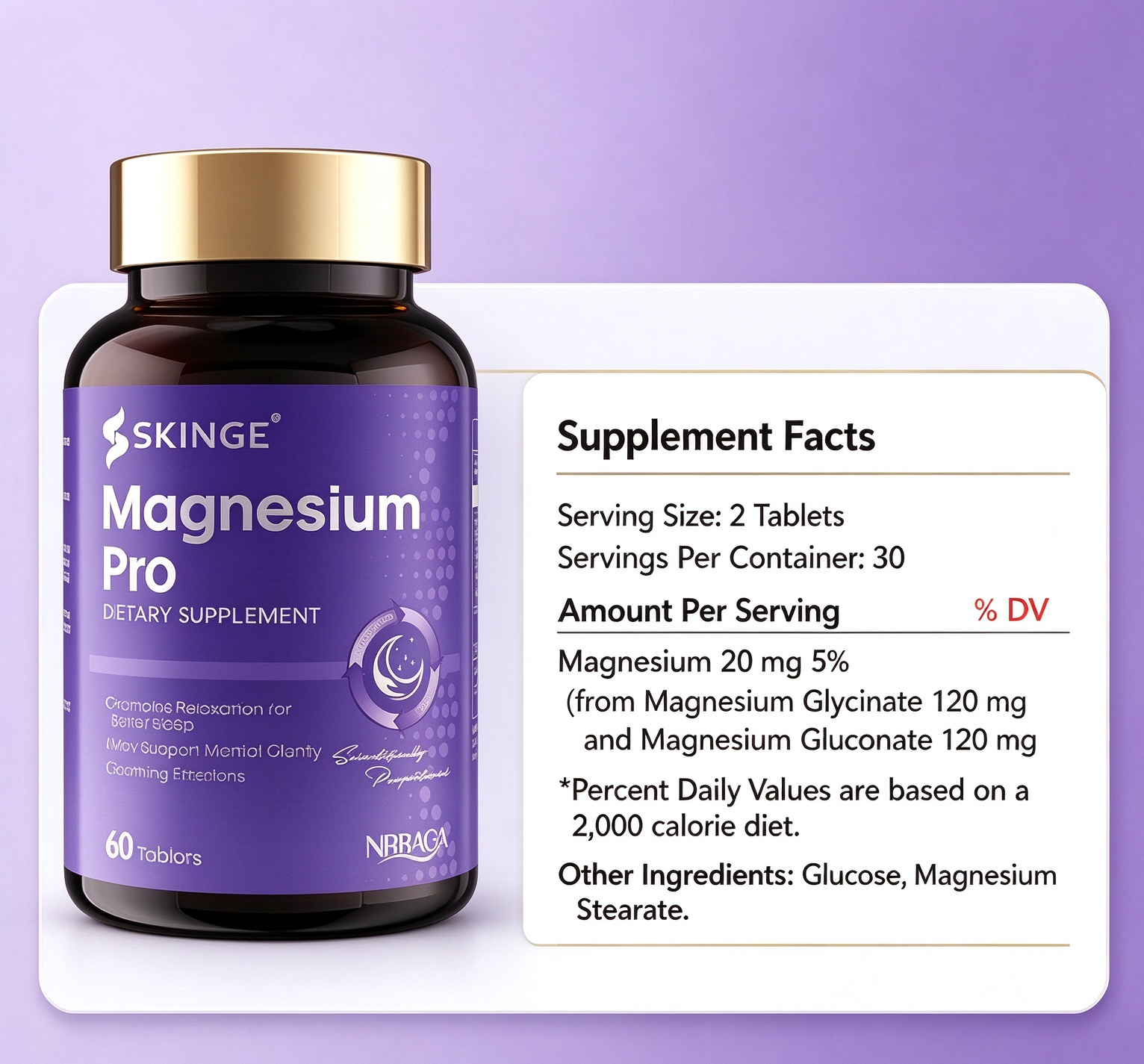 SKINGE&NBBAGA MAGNESIUM PRO TABLETS, Magnesium Glycinate & Gluconate Blend Supplement, Supports Relaxation for Daily Sleep, May Support Mental Clarity & Calming Emotions, 60 Tablets, Dietary Supplement