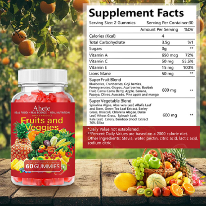 Fruits and Veggies Gummies Supplement, Vitamin A C E with 30+ Fruits and Vegetables for Women, Men and Kids, 120 Gummies, 60 Day Supply