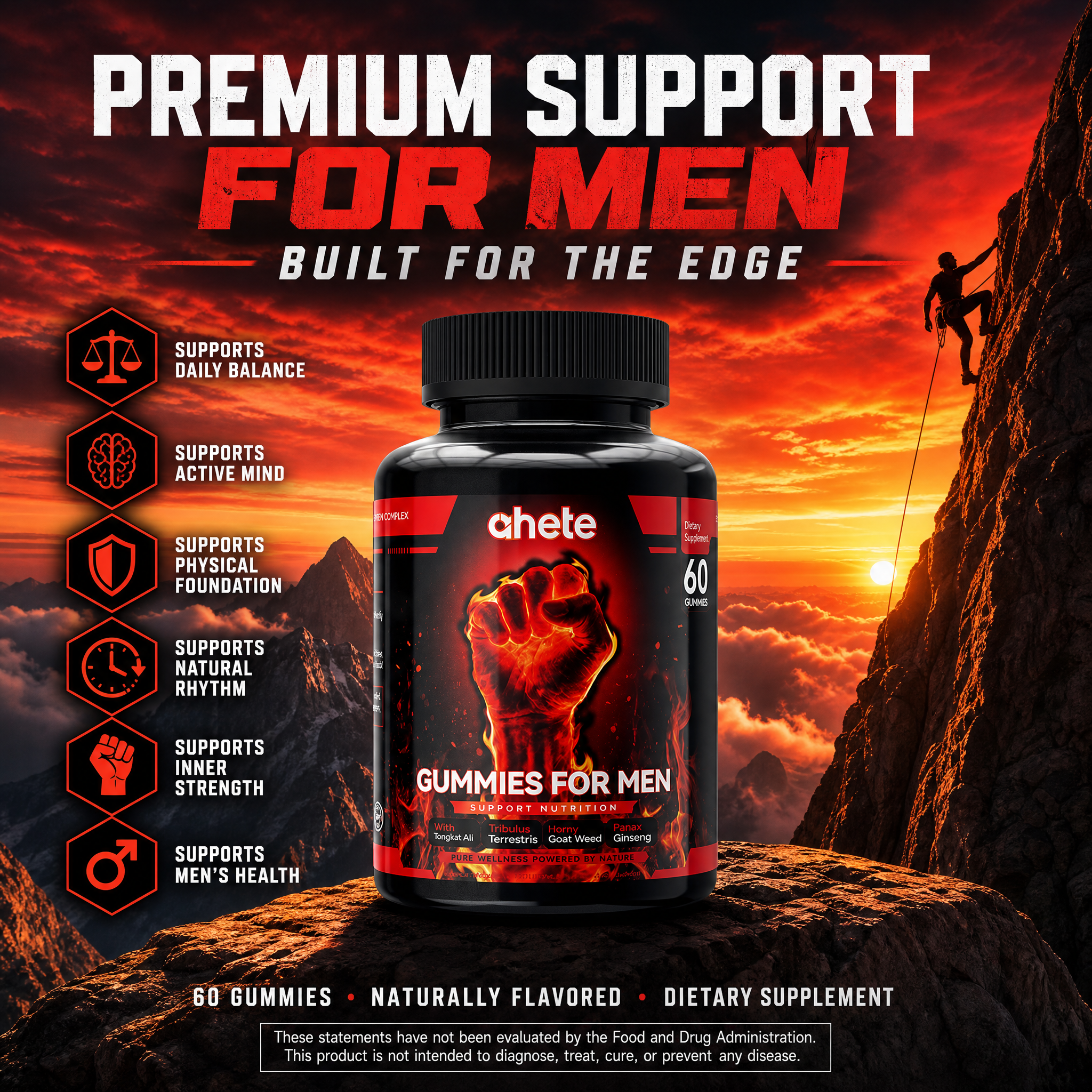 Ahete Male Testosterone Chewable Tablets - Promotes daily health maintenance and stable energy levels in men. The formulation is gentle and free of irritating ingredients. It is gluten-free and wheat-free, suitable for long-term regular maintenance.