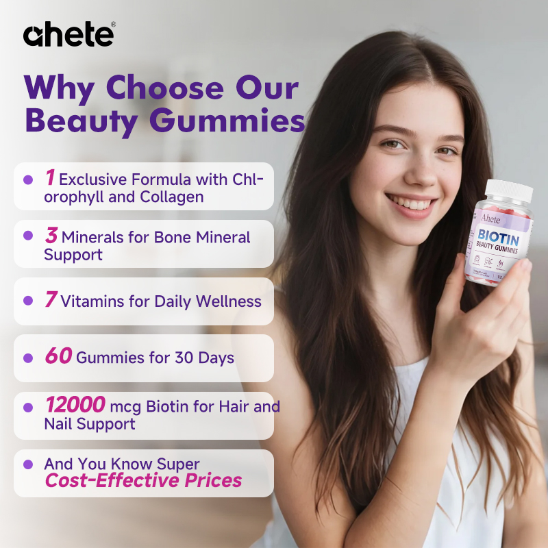 Ahete Biotin Gummies - Scalp Hair Follicles Are Healthy and Circulating, Hormonal Balance, Contains A Variety of Biotin and Vitamins | Grape Flavour, 60 Capsules, 30 Days