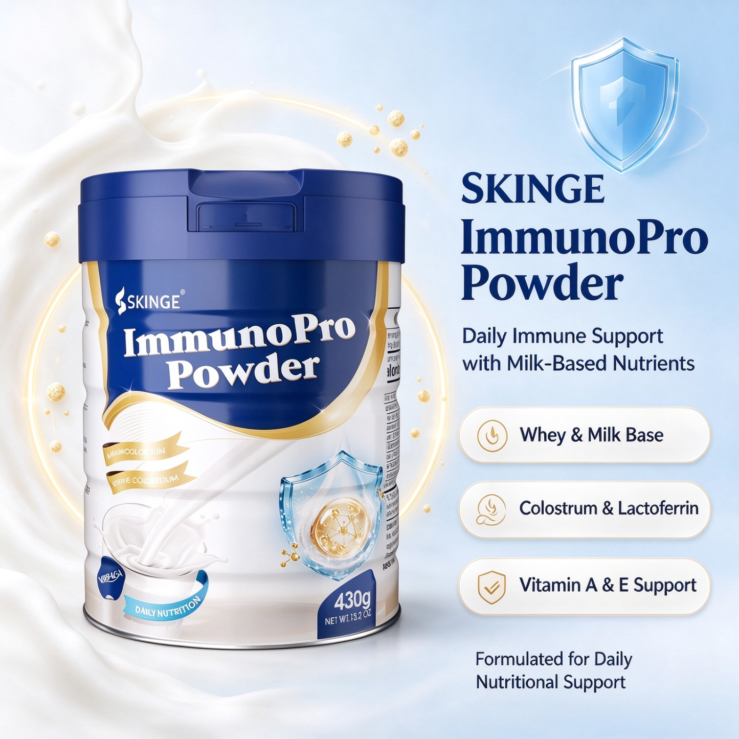SKINGE&NBBAGA IMMUNOPRO POWDER，乳基营养粉，含牛初乳、乳铁蛋白、乳清蛋白、维生素 A 与 E，提供日常免疫营养支持，430 克