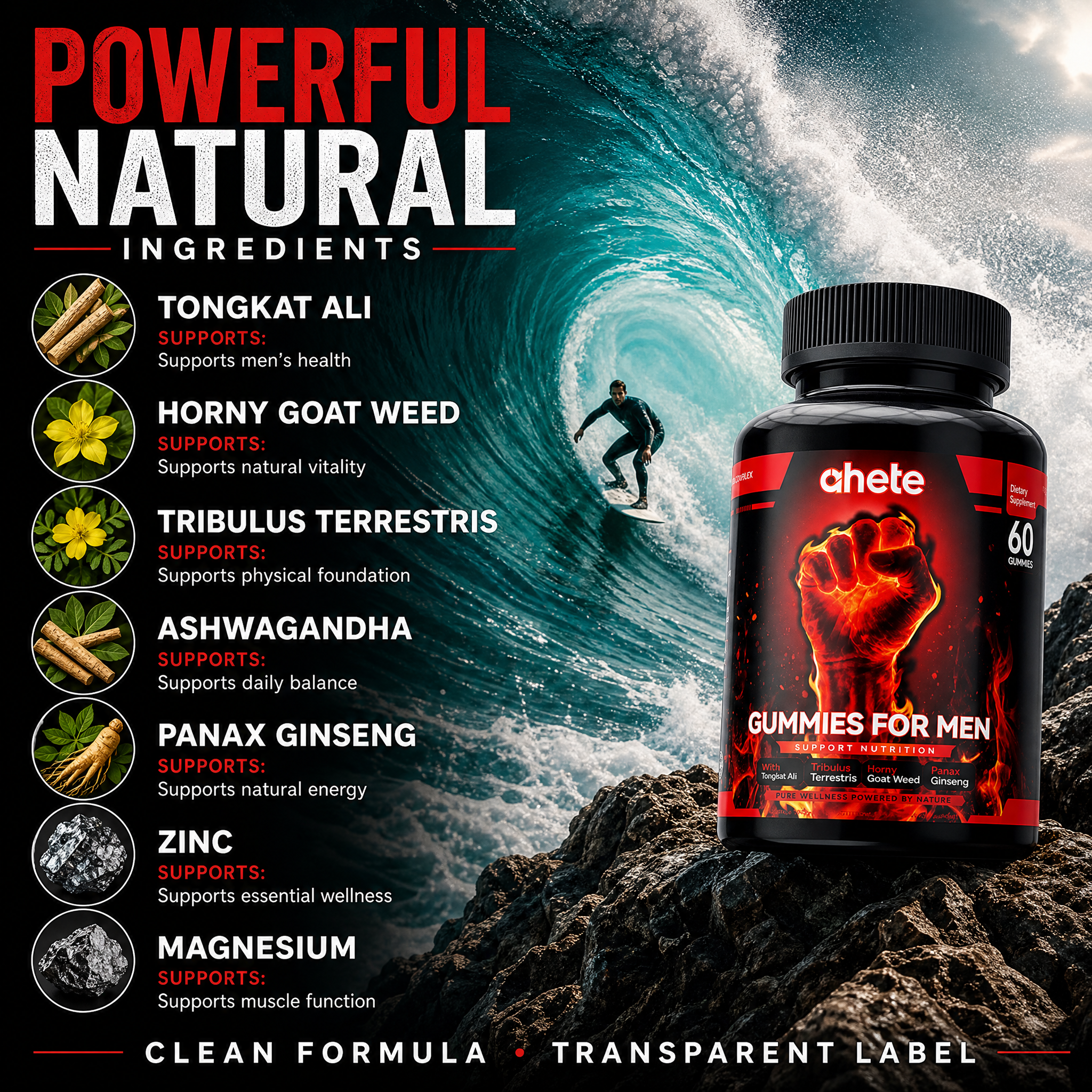 Ahete Male Testosterone Chewable Tablets - Promotes daily health maintenance and stable energy levels in men. The formulation is gentle and free of irritating ingredients. It is gluten-free and wheat-free, suitable for long-term regular maintenance.