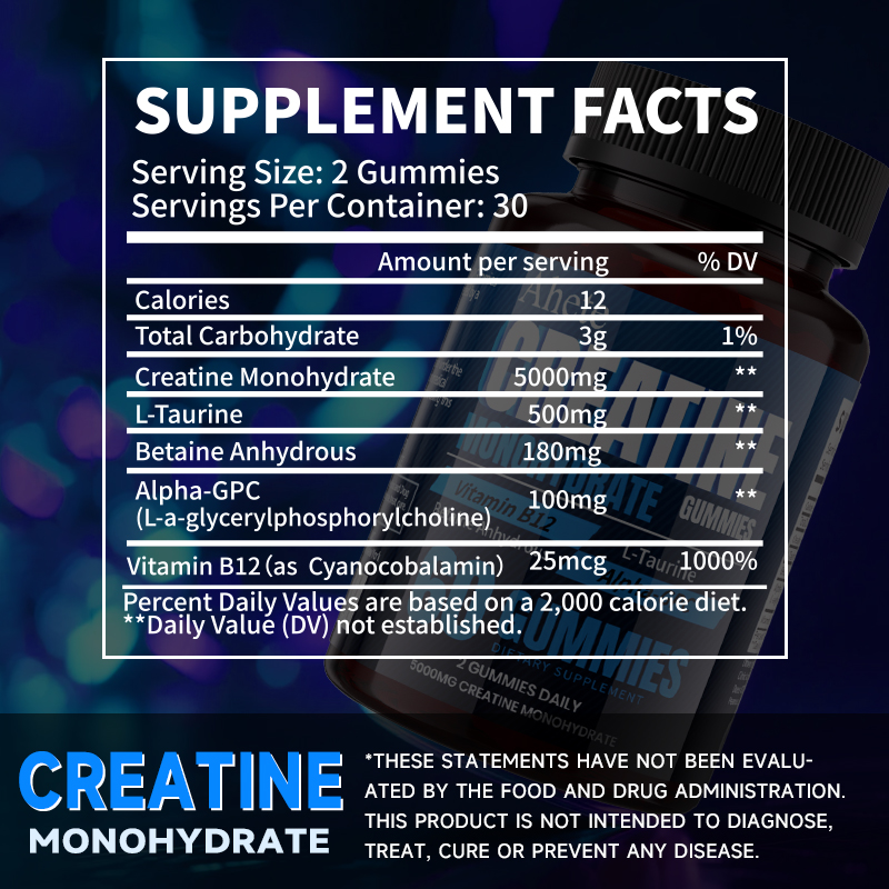 Ahete Creatine Gummies - Each Serving Contains 5000mg Of Creatine Monohydrate And 500mg Of L-Taurine. Unisex Sports Supplement Gummies That Support Muscle Health