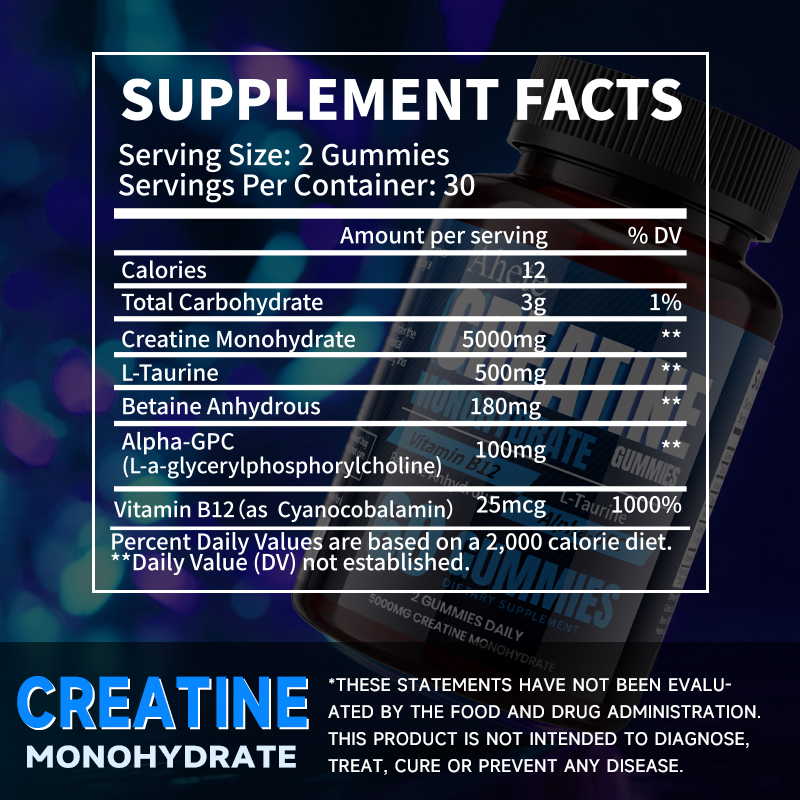 Ahete Creatine Gummies - Each Serving Contains 5000mg Of Creatine Monohydrate And 500mg Of L-Taurine. Unisex Sports Supplement Gummies That Support Muscle Health