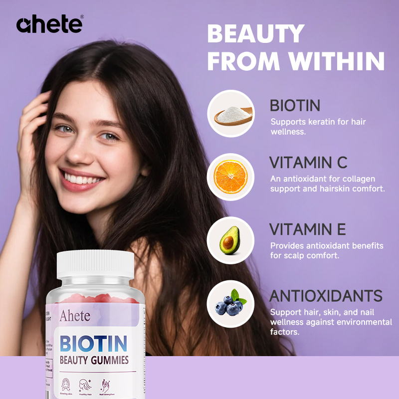 Ahete Biotin Gummies - Scalp Hair Follicles Are Healthy and Circulating, Hormonal Balance, Contains A Variety of Biotin and Vitamins | Grape Flavour, 60 Capsules, 30 Days