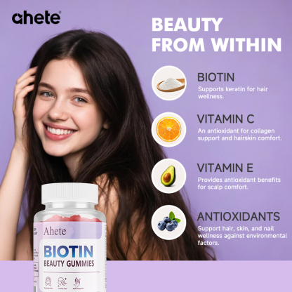 Ahete Biotin Gummies - Scalp Hair Follicles Are Healthy and Circulating, Hormonal Balance, Contains A Variety of Biotin and Vitamins | Grape Flavour, 60 Capsules, 30 Days