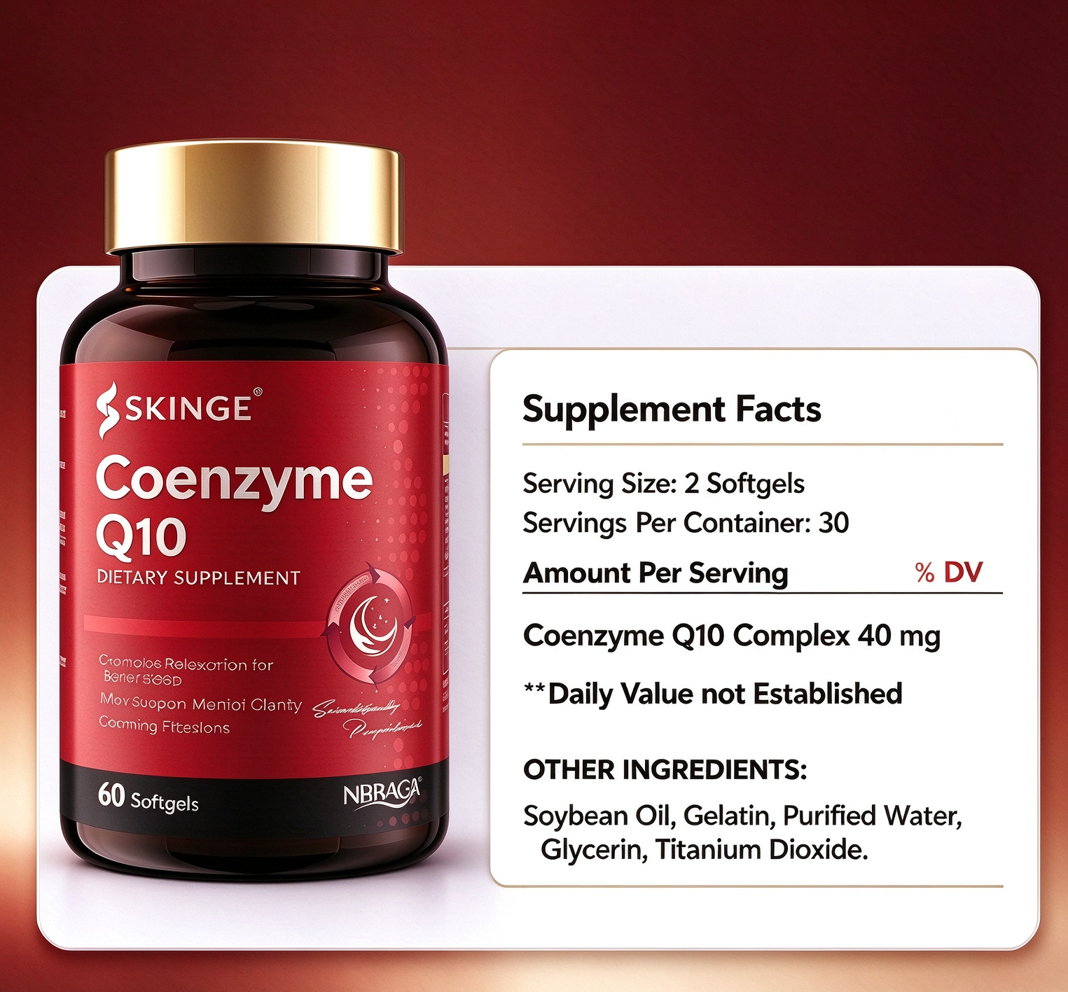 SKINGE&NBBAGA Coenzyme Q10 Softgels, CoQ10 Dietary Supplement, Supports Cardiovascular Health, Supports Overall Heart Health & Natural Energy Production, 60 Softgels