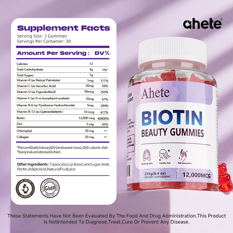 Ahete Biotin Gummies - Scalp Hair Follicles Are Healthy and Circulating, Hormonal Balance, Contains A Variety of Biotin and Vitamins | Grape Flavour, 60 Capsules, 30 Days