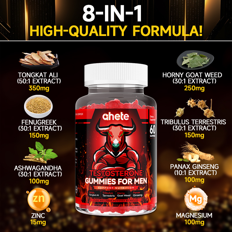 Ahete Male Testosterone Chewable Tablets - Promotes daily health maintenance and stable energy levels in men. The formulation is gentle and free of irritating ingredients. It is gluten-free and wheat-free, suitable for long-term regular maintenance.