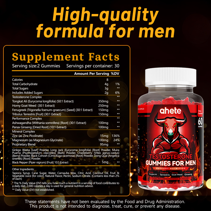 Ahete Male Testosterone Chewable Tablets - Promotes daily health maintenance and stable energy levels in men. The formulation is gentle and free of irritating ingredients. It is gluten-free and wheat-free, suitable for long-term regular maintenance.