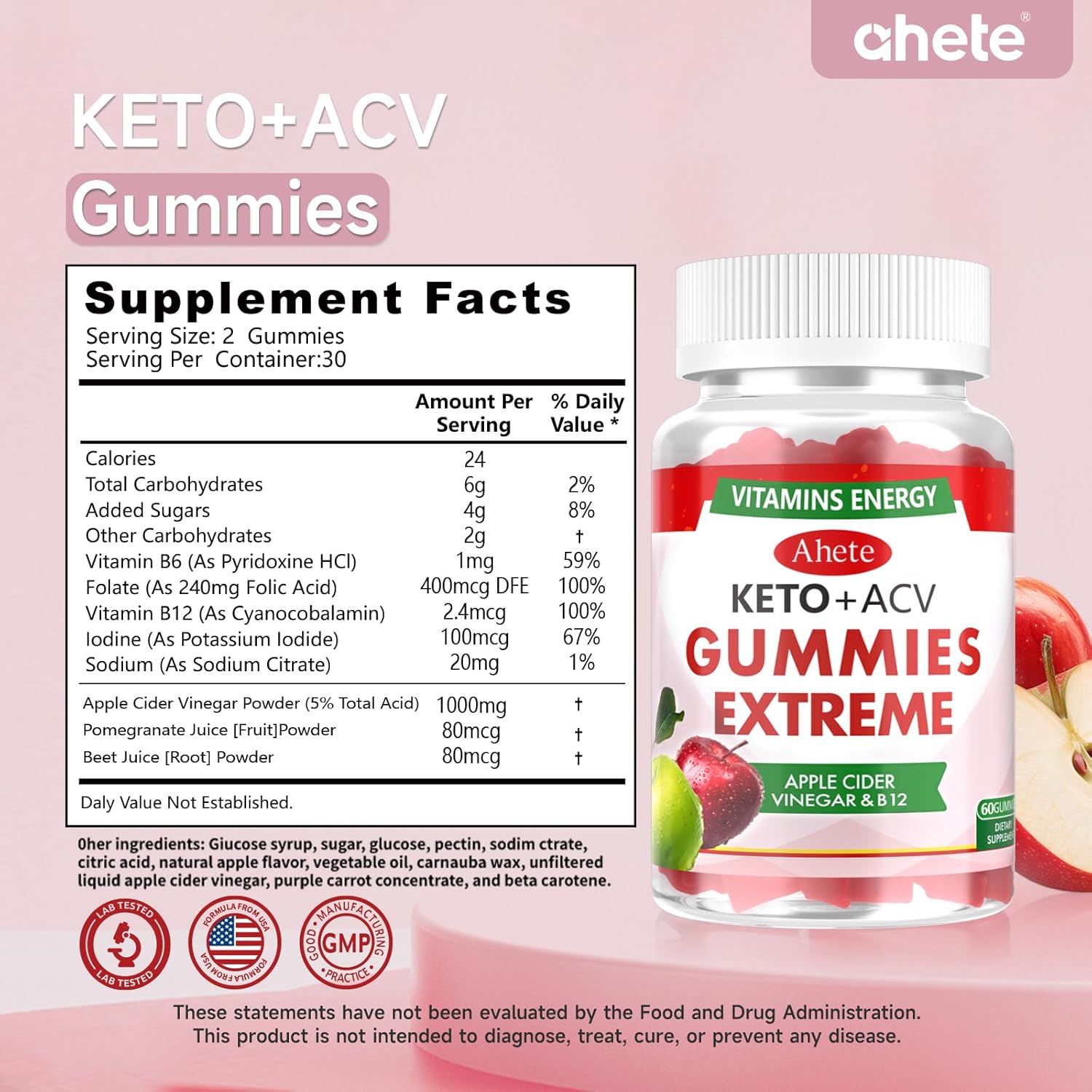 Apple Cider Vinegar Gummies with Vitamin B6 & B12, 60 ACV Gummies Dietary 