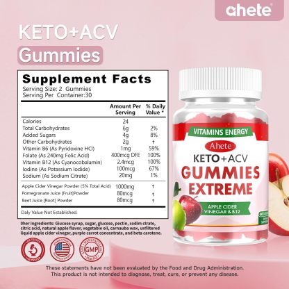 Apple Cider Vinegar Gummies with Vitamin B6 & B12, 60 ACV Gummies Dietary 