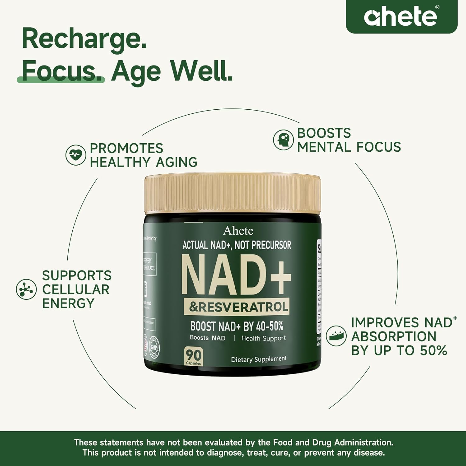 Ahete NAD+ Resveratrol Supplement, Supports Energy, Focus & Healthy Aging, 900mg per Serving, 180  Capsules (90 Day Supply)