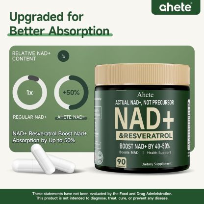 Ahete NAD+ Resveratrol Supplement, Supports Energy, Focus & Healthy Aging, 900mg per Serving, 180  Capsules (90 Day Supply)