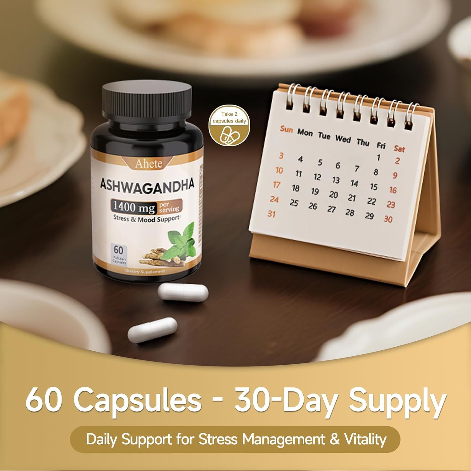 Ashwagandha Supplement, Stress Relief and Mood Enhancer, 1400mg Ashwagandha Powder and Root Extract, 60 Capsules, 30 Days Supply