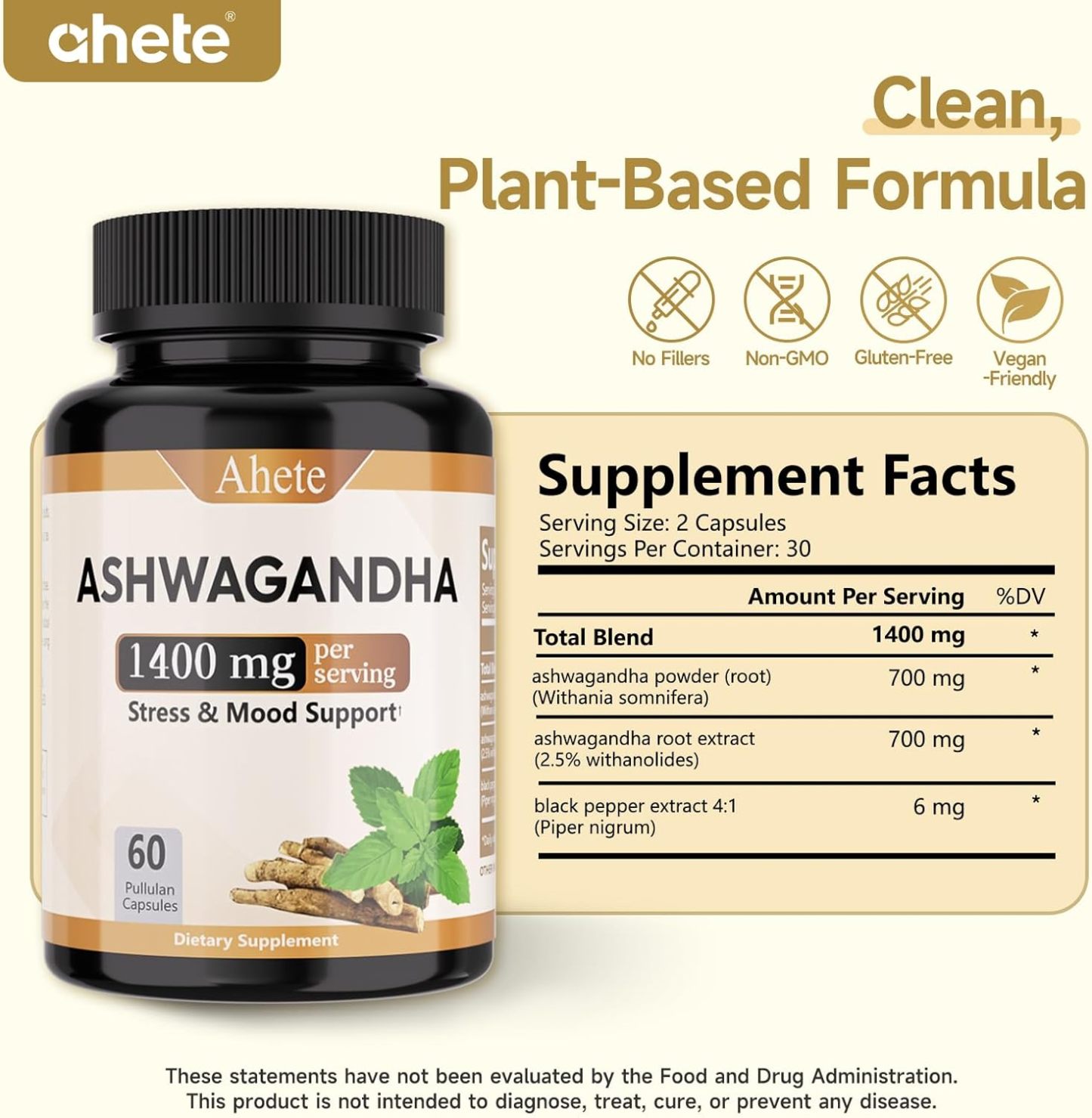 Ashwagandha Supplement, Stress Relief and Mood Enhancer, 1400mg Ashwagandha Powder and Root Extract, 60 Capsules, 30 Days Supply