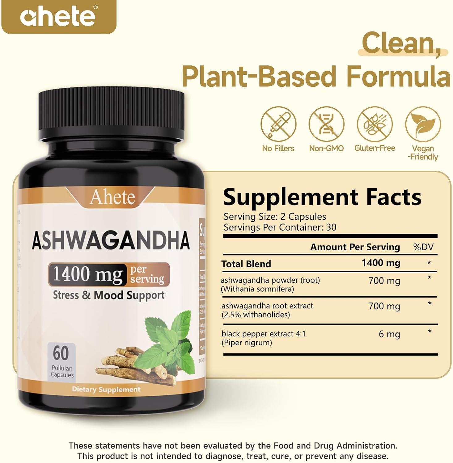 Ashwagandha Supplement, Stress Relief and Mood Enhancer, 1400mg Ashwagandha Powder and Root Extract, 60 Capsules, 30 Days Supply