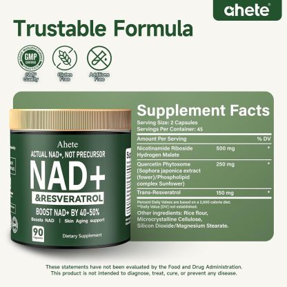 🔥Ends in 3 Days--Buy 1 Get 1 FREE--Ahete NAD+ Resveratrol Supplement, Supports Energy, Focus & Healthy Aging, 900mg per Serving, 90  Capsules (45 Day Supply)