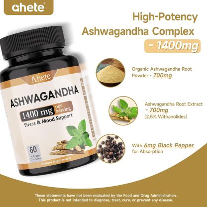 Ashwagandha Supplement, Stress Relief and Mood Enhancer, 1400mg Ashwagandha Powder and Root Extract, 60 Capsules, 30 Days Supply