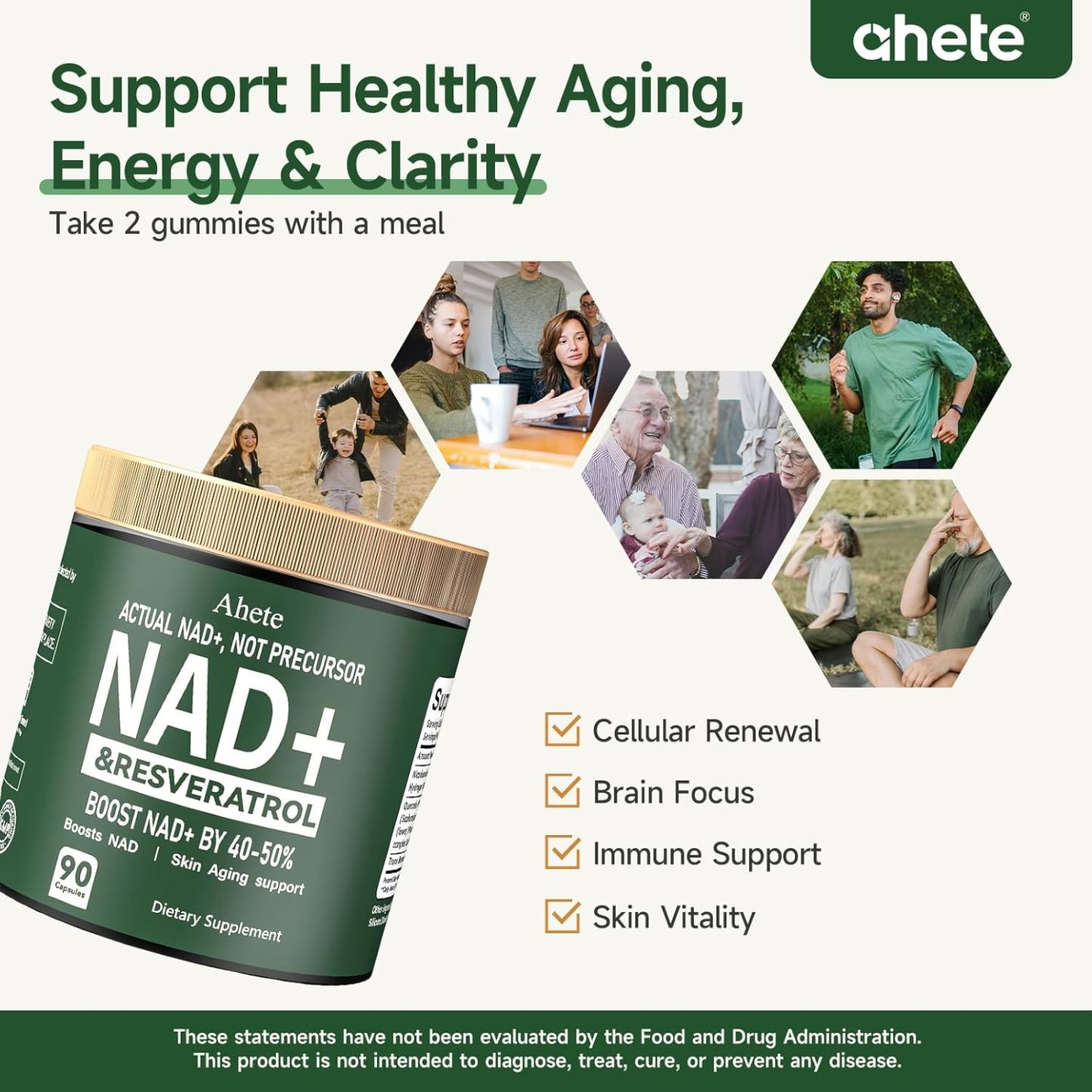 Ahete NAD+ Resveratrol Supplement, Supports Energy, Focus & Healthy Aging, 900mg per Serving, 180  Capsules (90 Day Supply)