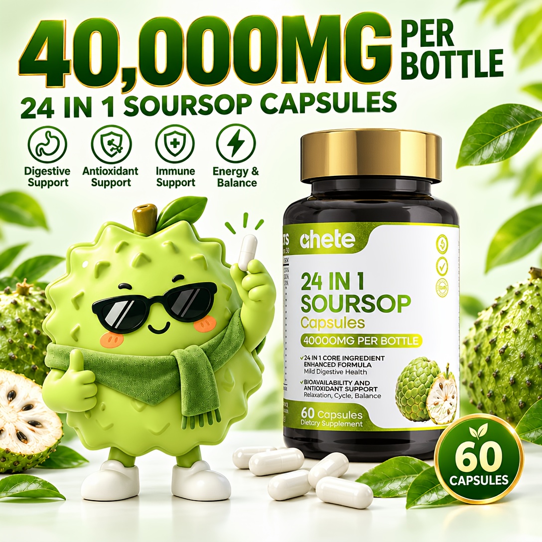 Ahete 24 IN 1 Soursop Graviola Capsules, Antioxidant & Digestive Comfort Support, With Soursop Extract, Black Seed, Turmeric & NAD+, 60 Vegetarian Capsules
