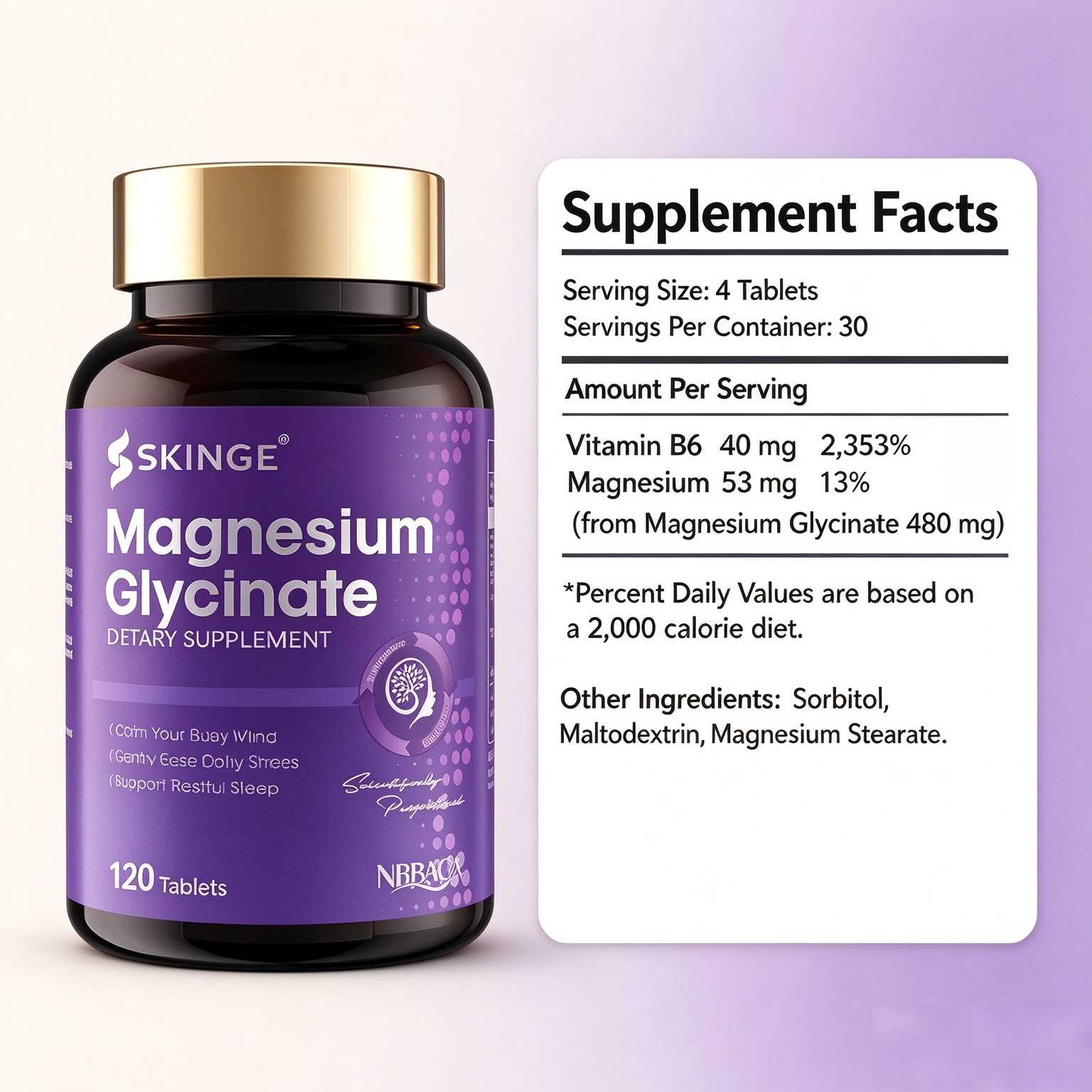 SKINGE&NBBAGA MAGNESIUM GLYCINATE TABLETS, Magnesium Glycinate with Vitamin B6 Supplement, Gently Ease Daily Stress, Supports Calm Mood & Restful Sleep, 120 Tablets, Dietary Supplement