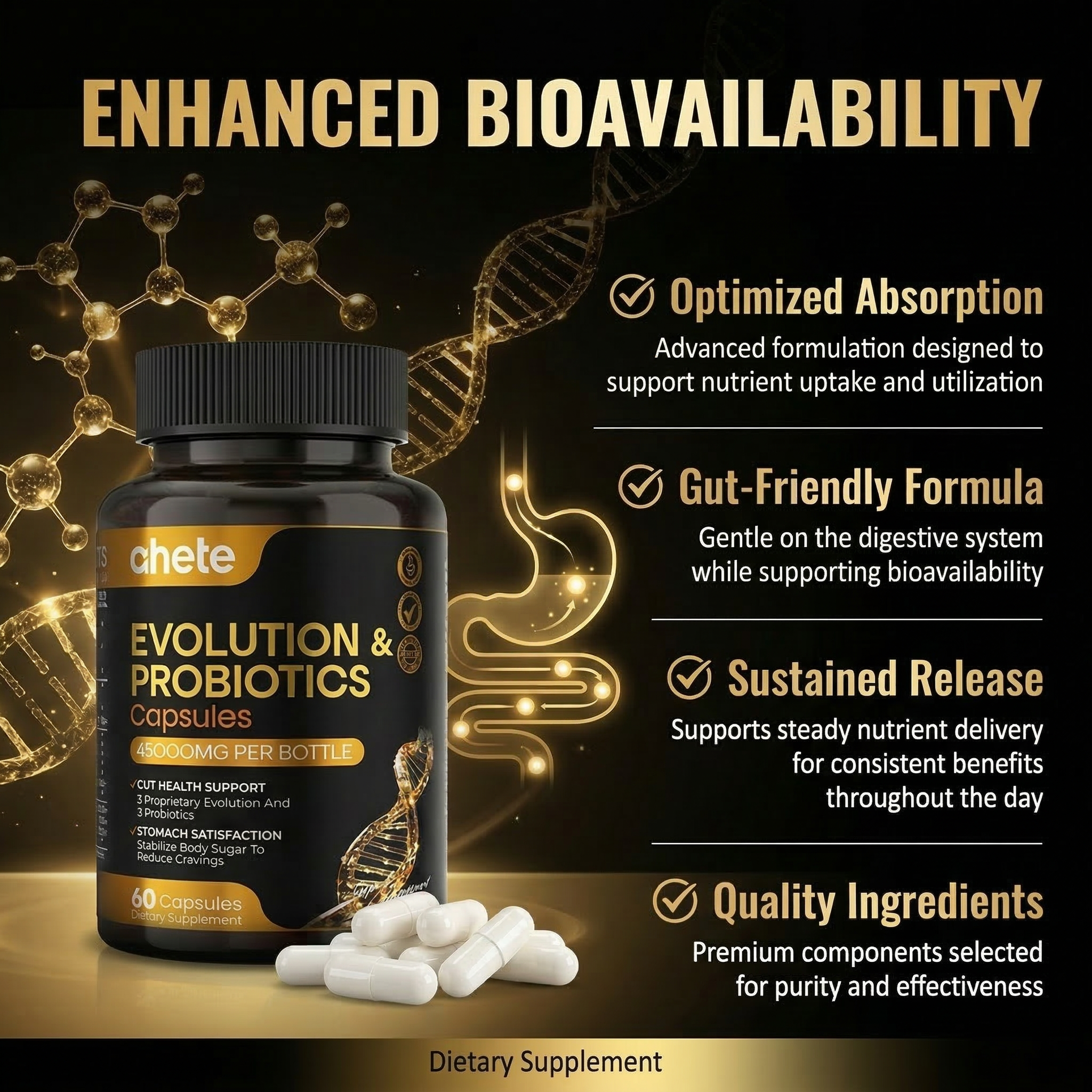 Ahete Evolution & Probiotics Capsules with GLP-1 core complex formula, total 60 capsules, serving size 2 capsules daily, 30-day supply.