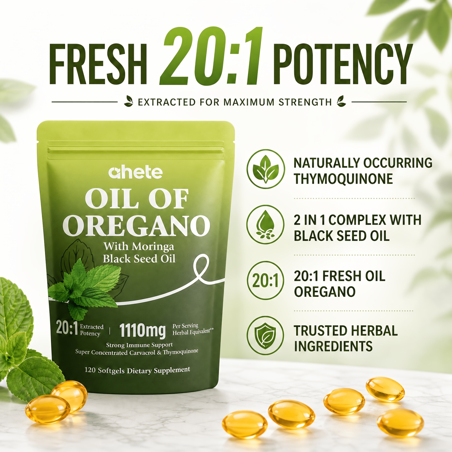 Ahete Oil Of Oregano Softgels Multi Herbal Blend With Black Seed Oil, Moringa, Garlic Oil & Vitamin D3 | Natural Herbal Extract For Antioxidant & Daily Wellness Support