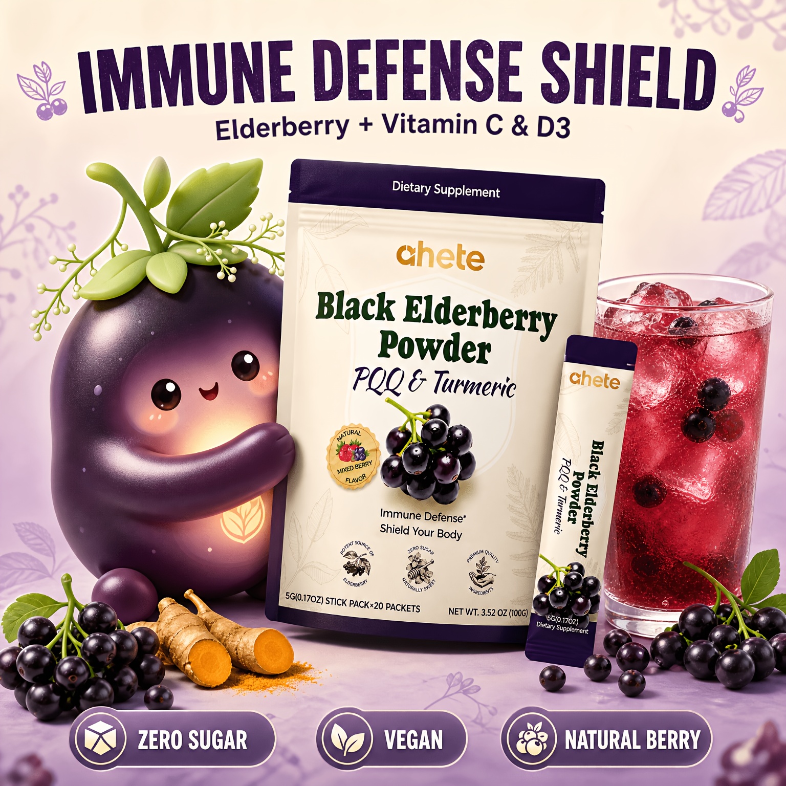 Ahete Black Elderberry Powder, With PQQ & Turmeric, Rich In Vitamins C, D3, Zinc & Anthocyanins, Natural Mixed Berry Flavor, Zero Sugar, No Additives, Vegan, Gluten-Free Immune Support Supplement, 20 Packets