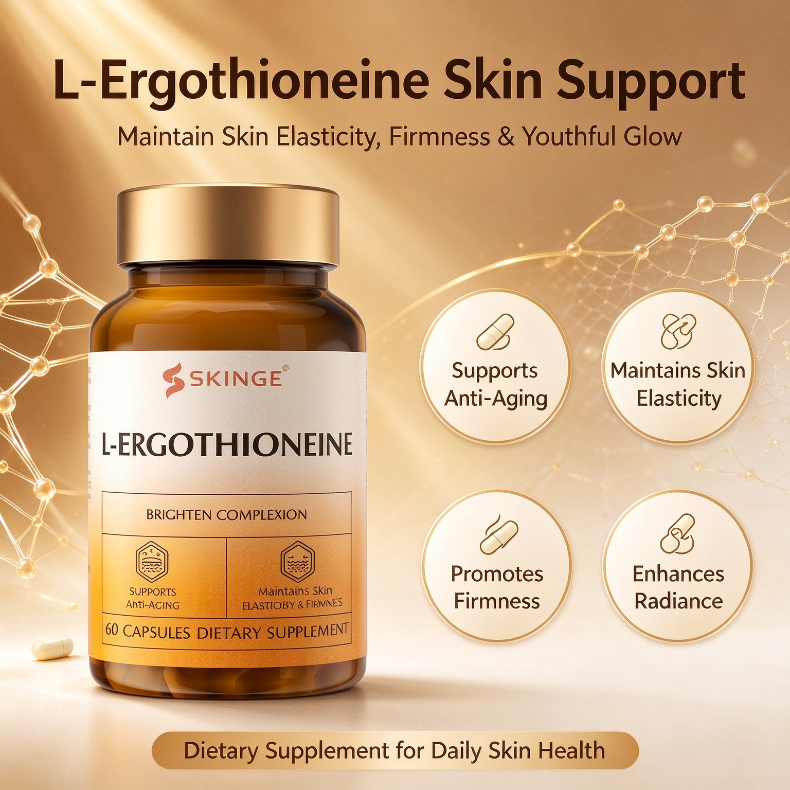 SKINGE L-ERGOTHIONEINE CAPSULES, L-Ergothioneine Skin Wellness Supplement, Supports Anti-Aging, Maintains Skin Elasticity & Firmness, Enhances Skin Radiance & Youthful Glow, 60 Capsules, Dietary Supplement