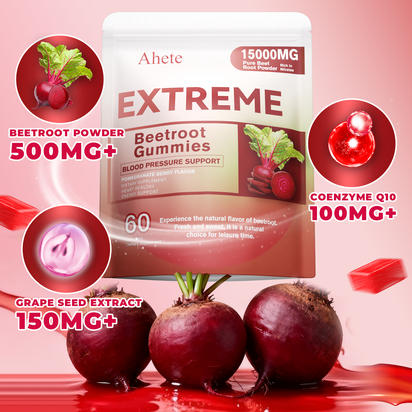 AHETE Beetroot Gummies - 3-in-1 Super Nutritious Formula