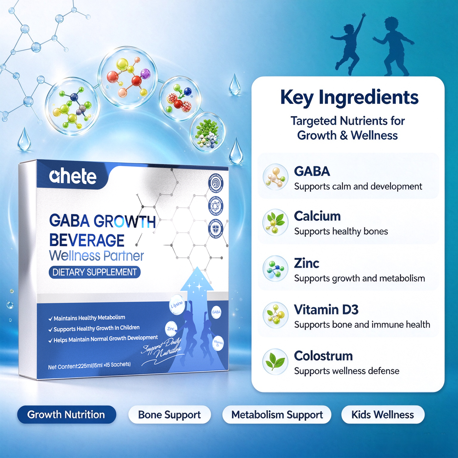 AHETE GABA GROWTH BEVERAGE, Kids Growth Nutritional Drink Supplement, With GABA, Calcium, Zinc, Vitamin D3 & Colostrum, Supports Healthy Bone, Growth, Metabolism & Children’s Wellness, 15 Sachets