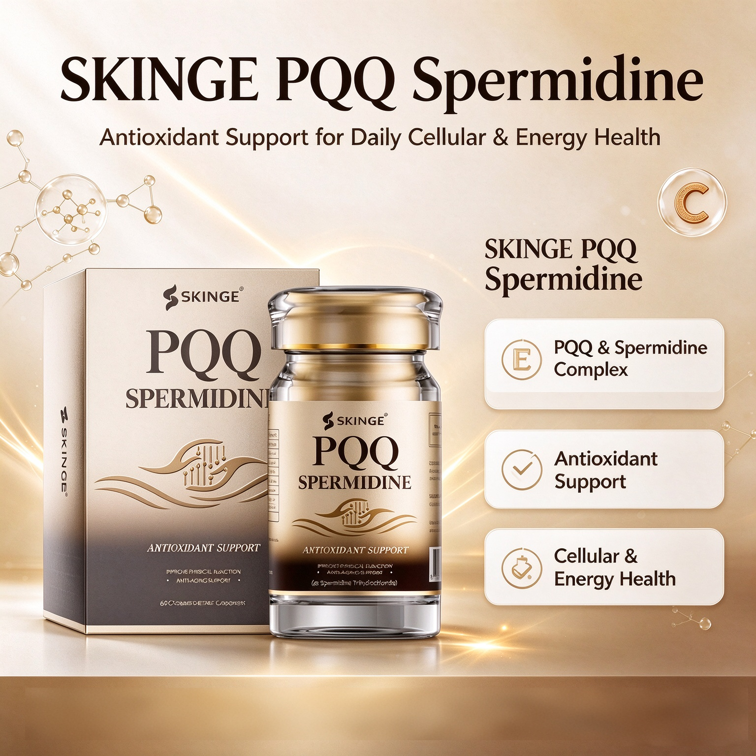 SKINGE PQQ CAPSULES, PQQ & Spermidine Complex Dietary Supplement, Antioxidant Support, Supports Cellular Wellness & Natural Energy Maintenance, 60 Capsules