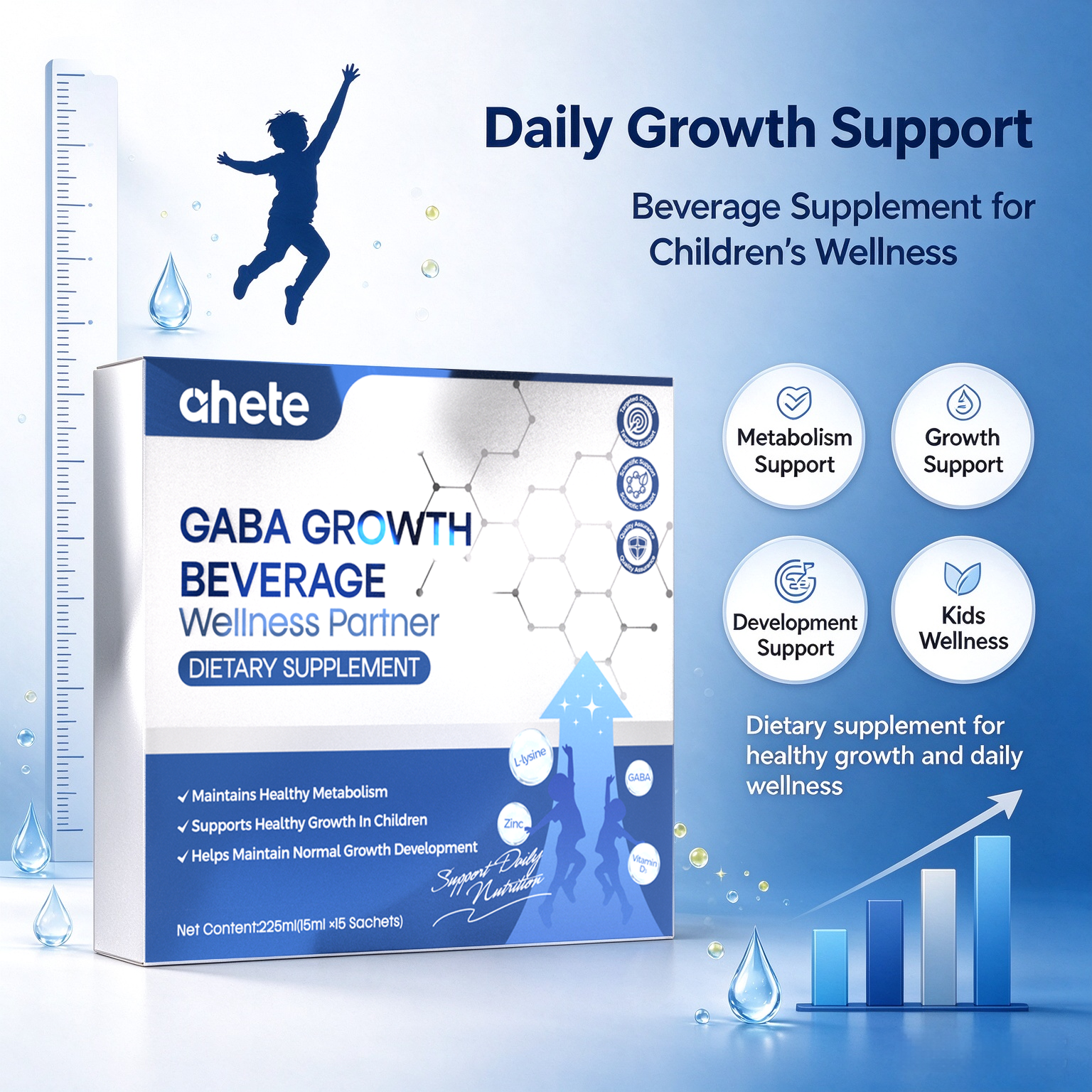 AHETE GABA GROWTH BEVERAGE, Kids Growth Nutritional Drink Supplement, With GABA, Calcium, Zinc, Vitamin D3 & Colostrum, Supports Healthy Bone, Growth, Metabolism & Children’s Wellness, 15 Sachets