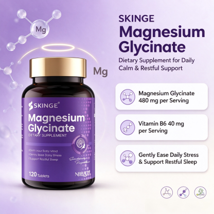 SKINGE&NBBAGA MAGNESIUM GLYCINATE TABLETS, Magnesium Glycinate with Vitamin B6 Supplement, Gently Ease Daily Stress, Supports Calm Mood & Restful Sleep, 120 Tablets, Dietary Supplement