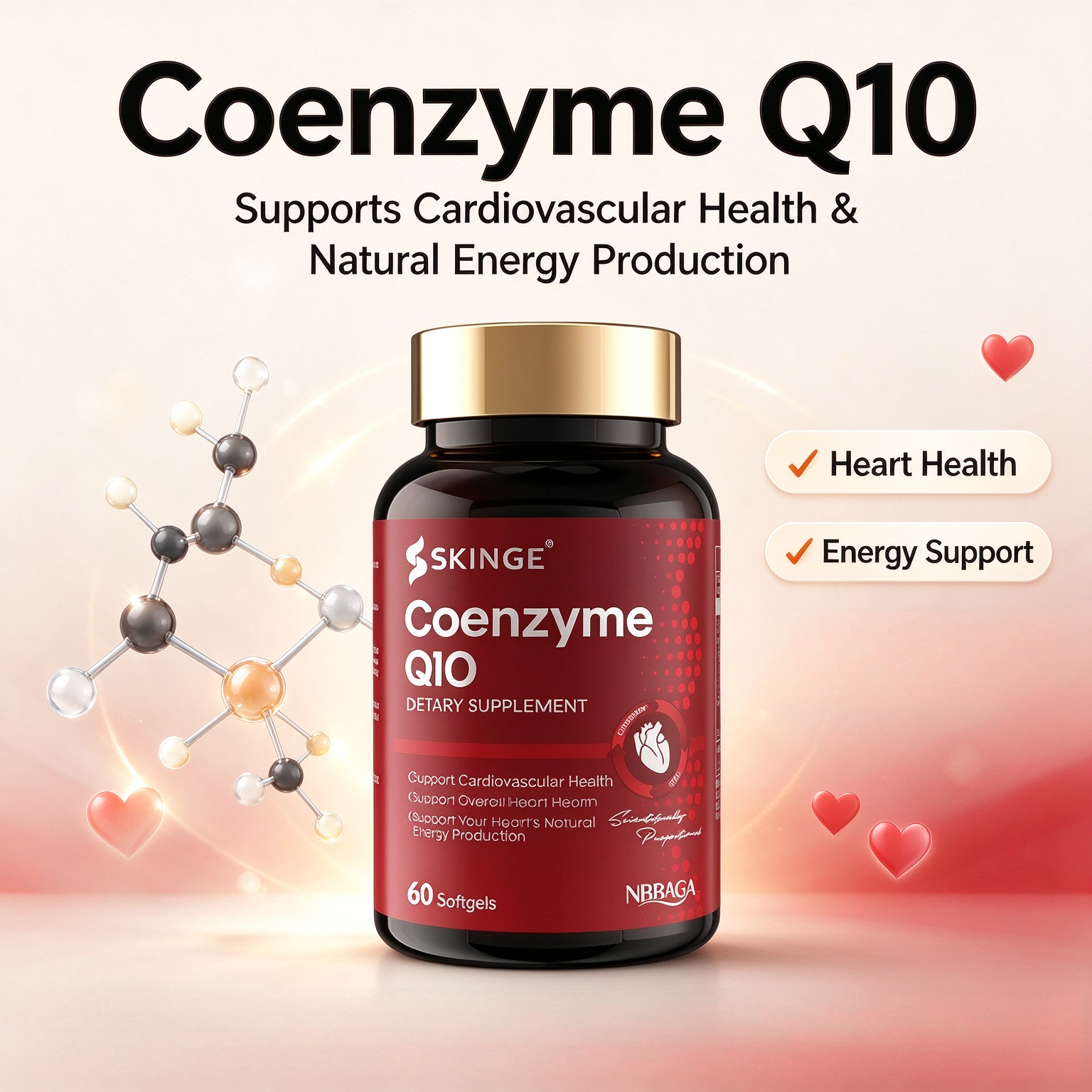 SKINGE&NBBAGA Coenzyme Q10 Softgels, CoQ10 Dietary Supplement, Supports Cardiovascular Health, Supports Overall Heart Health & Natural Energy Production, 60 Softgels