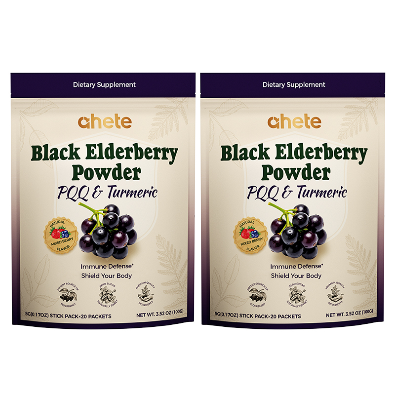 Ahete Black Elderberry Powder, With PQQ & Turmeric, Rich In Vitamins C, D3, Zinc & Anthocyanins, Natural Mixed Berry Flavor, Zero Sugar, No Additives, Vegan, Gluten-Free Immune Support Supplement, 20 Packets