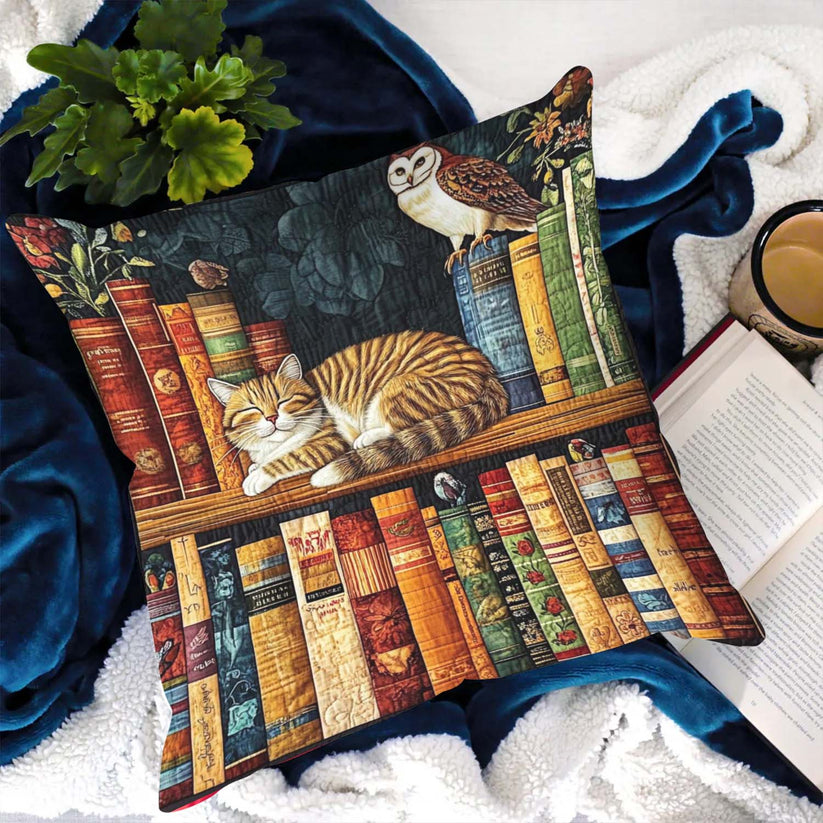 Cozy Bookcase Cat & Owl Quilted Pillow