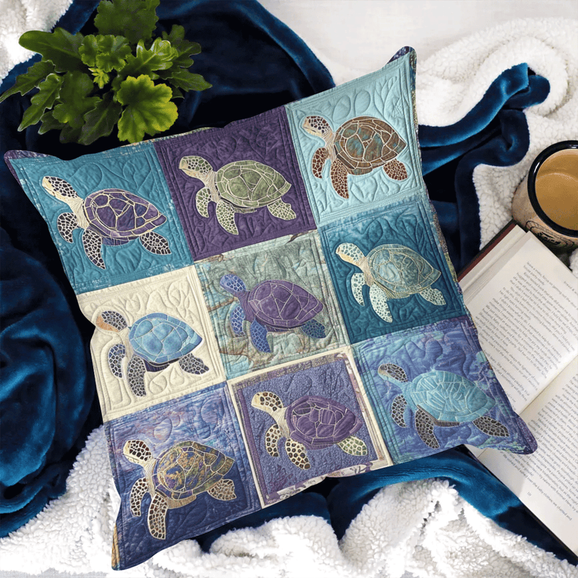 Ocean Turtle Patchwork Quilted Pillow