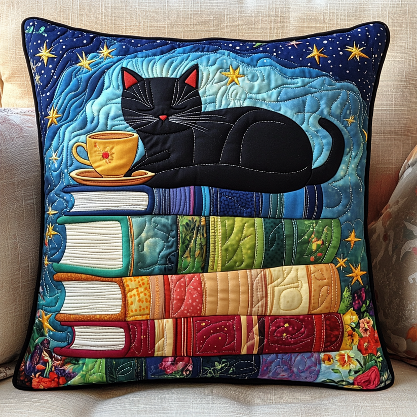 Cozy Black Cat & Book Stack Quilted Pillow