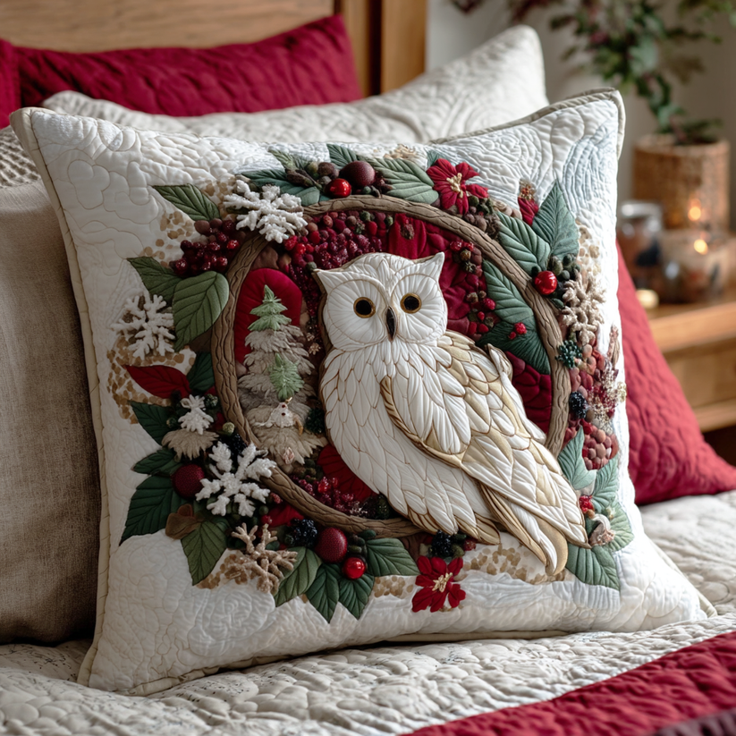 Winter Owl Wreath Quilted Pillow