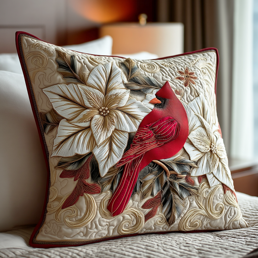 Christmas Cardinal & Poinsettia Quilted Pillow