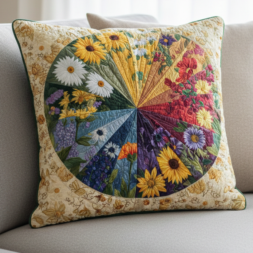 Floral Wheel Patchwork Quilted Pillow