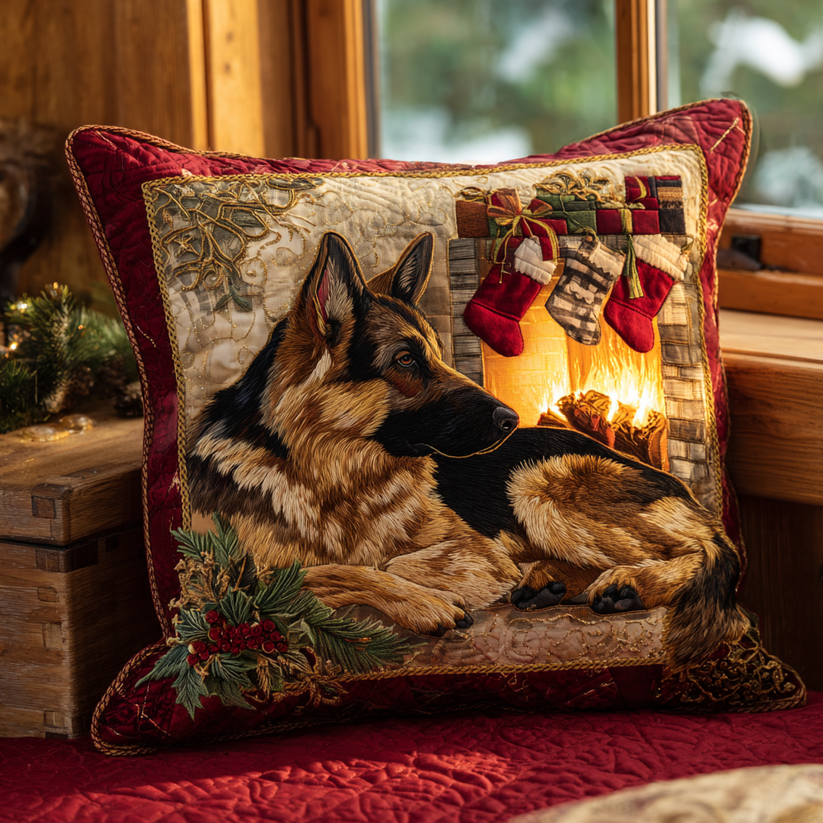 Christmas German Shepherd Fireplace Quilted Pillow