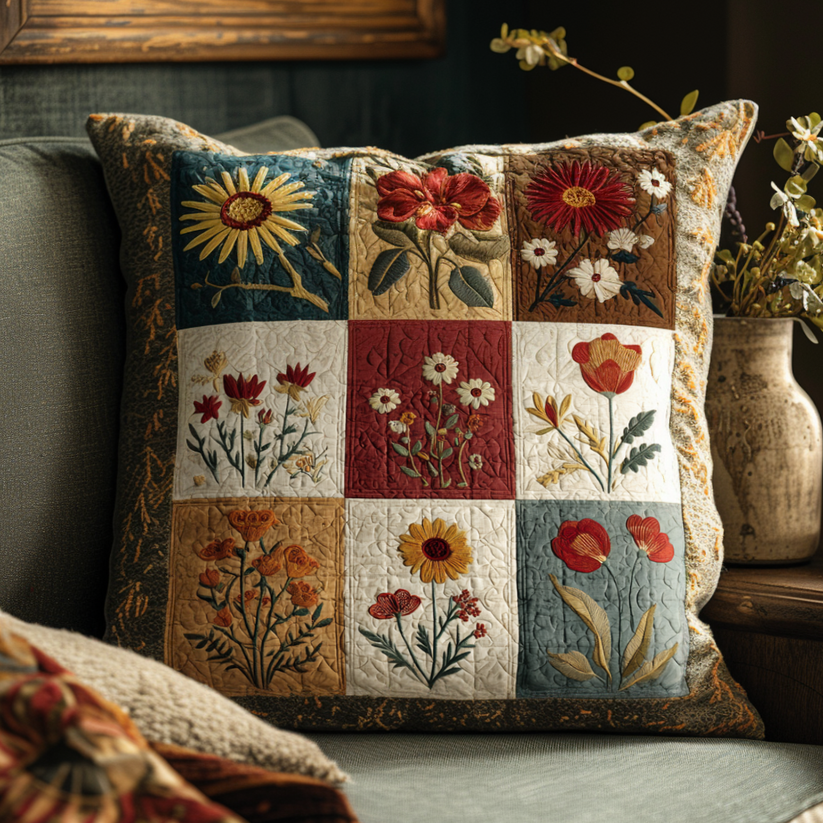 Vintage Floral Patchwork Quilted Pillow