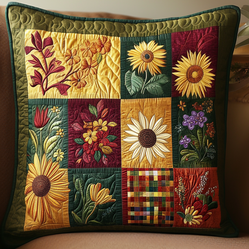 Patchwork Sunflower & Floral Quilted Pillow