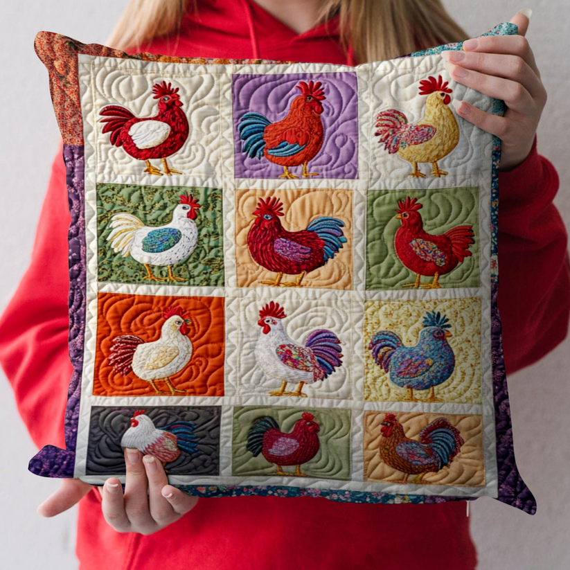 Colorful Rooster Grid Quilted Pillow