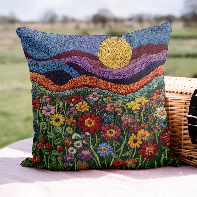 Vibrant Meadow Landscape Quilted Pillow