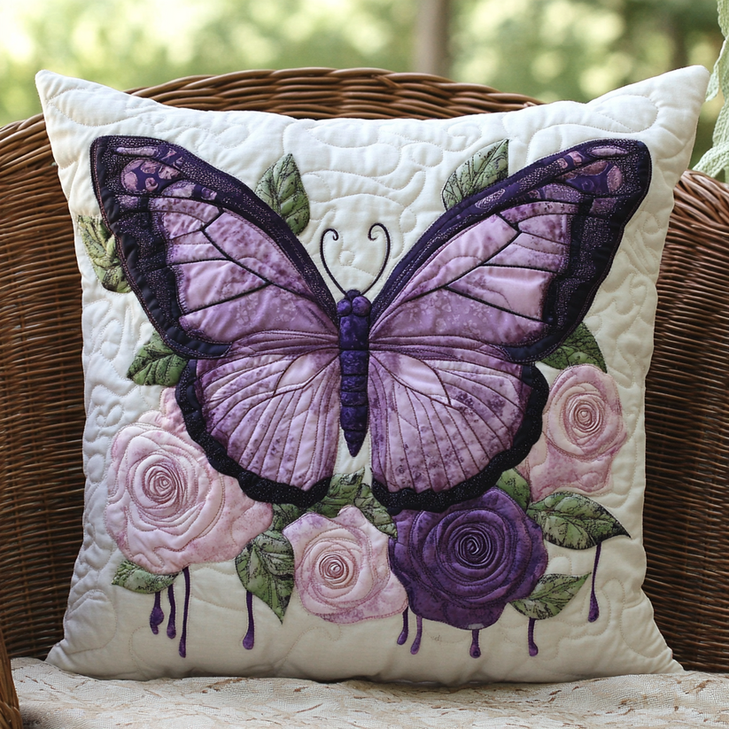 Purple Butterfly & Rose Quilted Pillow