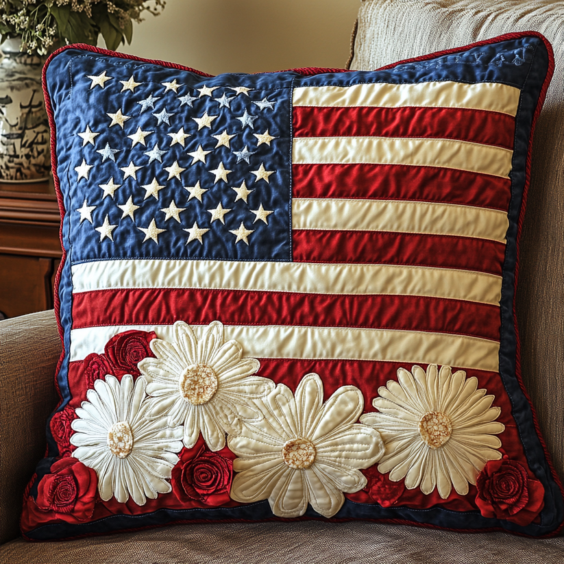 Patriotic Flag & Floral Quilted Pillow